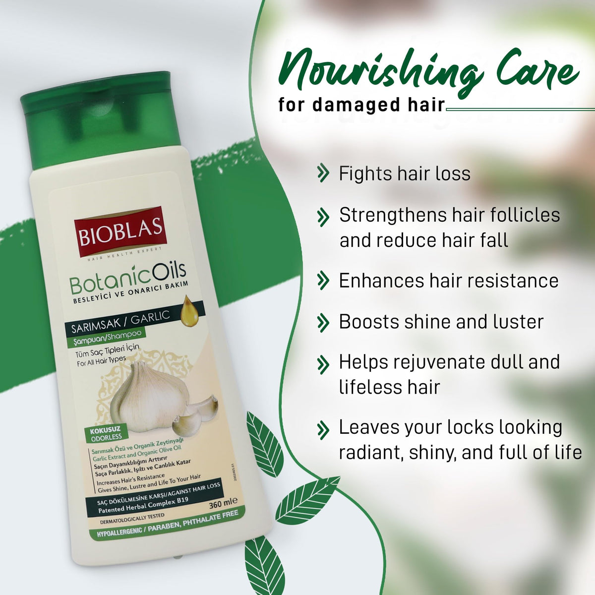 BIOBLAS Garlic Shampoo shine-gleam shot suggests added vitality to dull hair.