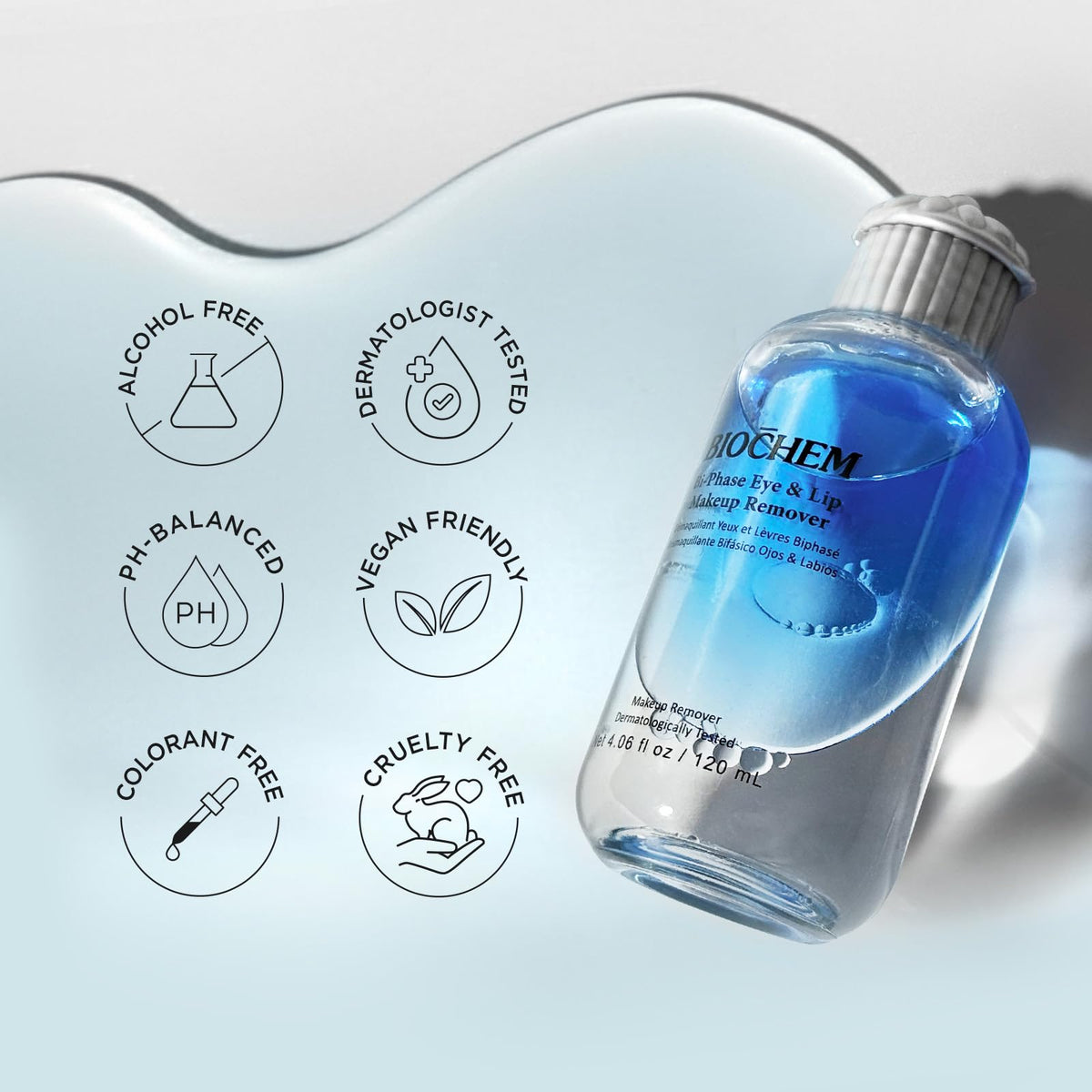 BIOCHEM Bi-Phase Eye & Lip Remover swirl showing oil–water action