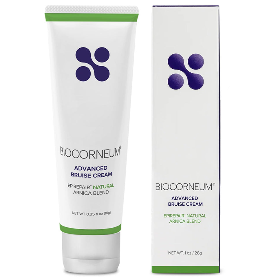BIOCORNEUM Advanced Bruise Cream tube close-up showing fast-absorbing daily care.