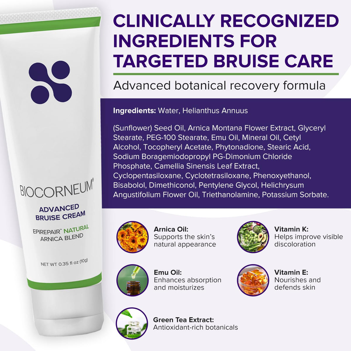 BIOCORNEUM Arnica Vitamin K ingredients close-up highlights botanical skin support.