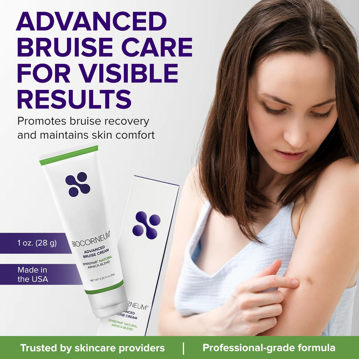 BIOCORNEUM bruise cream applied on arm demonstrates easy, quick spot treatment.