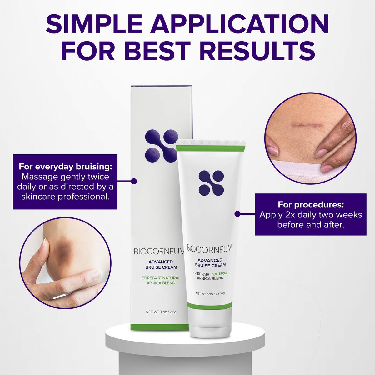 BIOCORNEUM tube close-up with makeup on skin illustrates makeup-friendly usage.