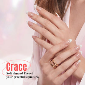 Bioday hand display shows almond nails on fingers for preview and fit.