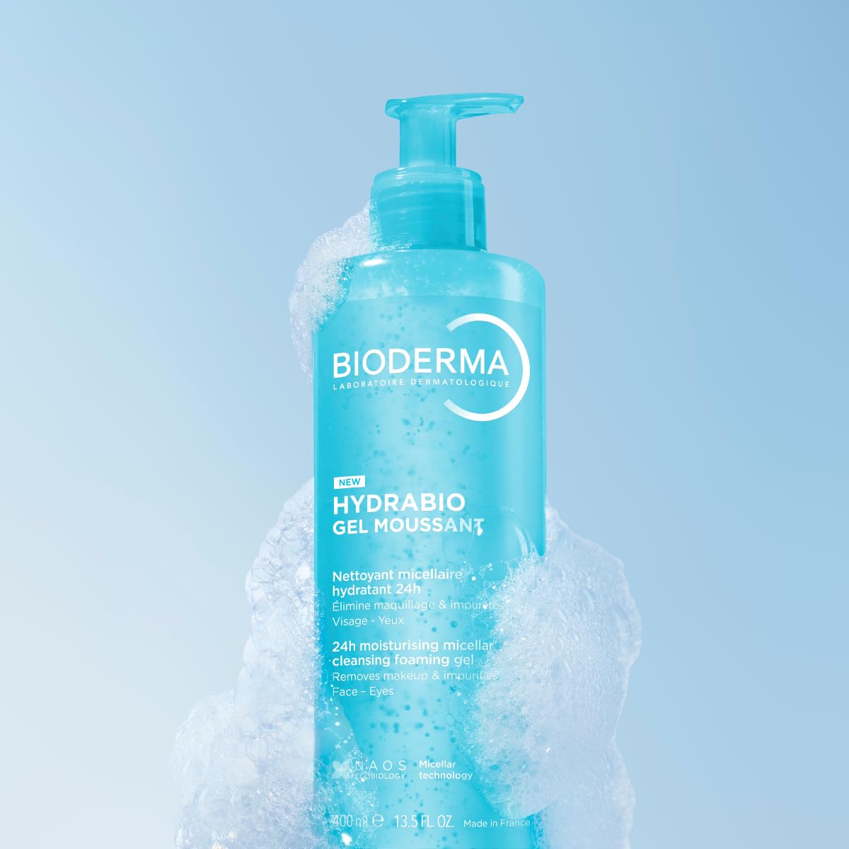 Bioderma Hydrabio Foaming Gel foam on the face offering a refreshing cleanse and moisture.