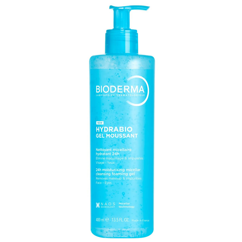 Bioderma Hydrabio Foaming Gel pump close-up for gentle makeup removal and hydration.
