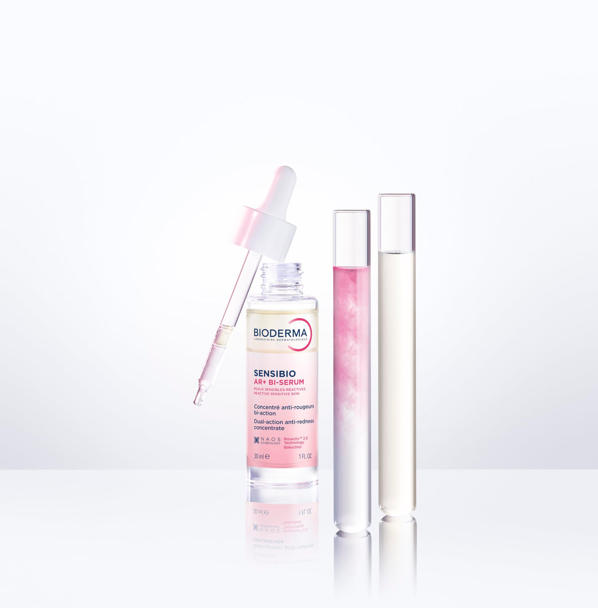 Bioderma SENSIBIO AR+ BI-SERUM texture closeup shows silky formula for comfort.