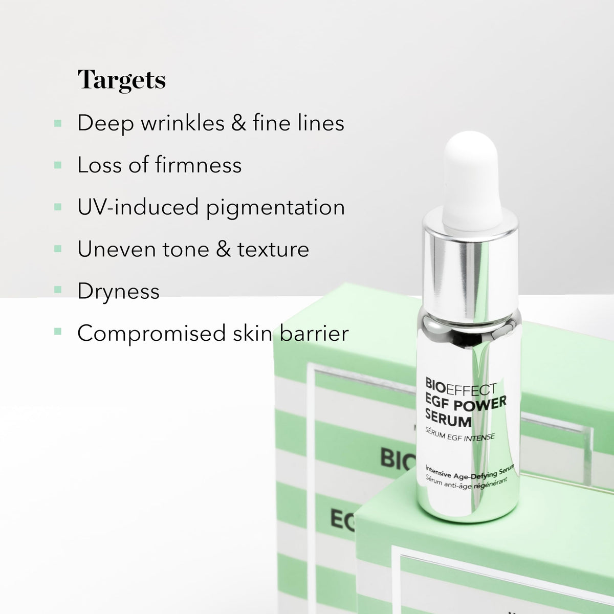 Bioeffect EGF Power Serum applied to the face suggests smoothing and radiant skin.