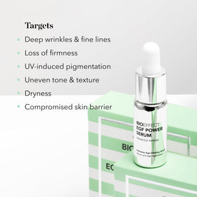 Bioeffect EGF Power Serum applied to the face suggests smoothing and radiant skin.