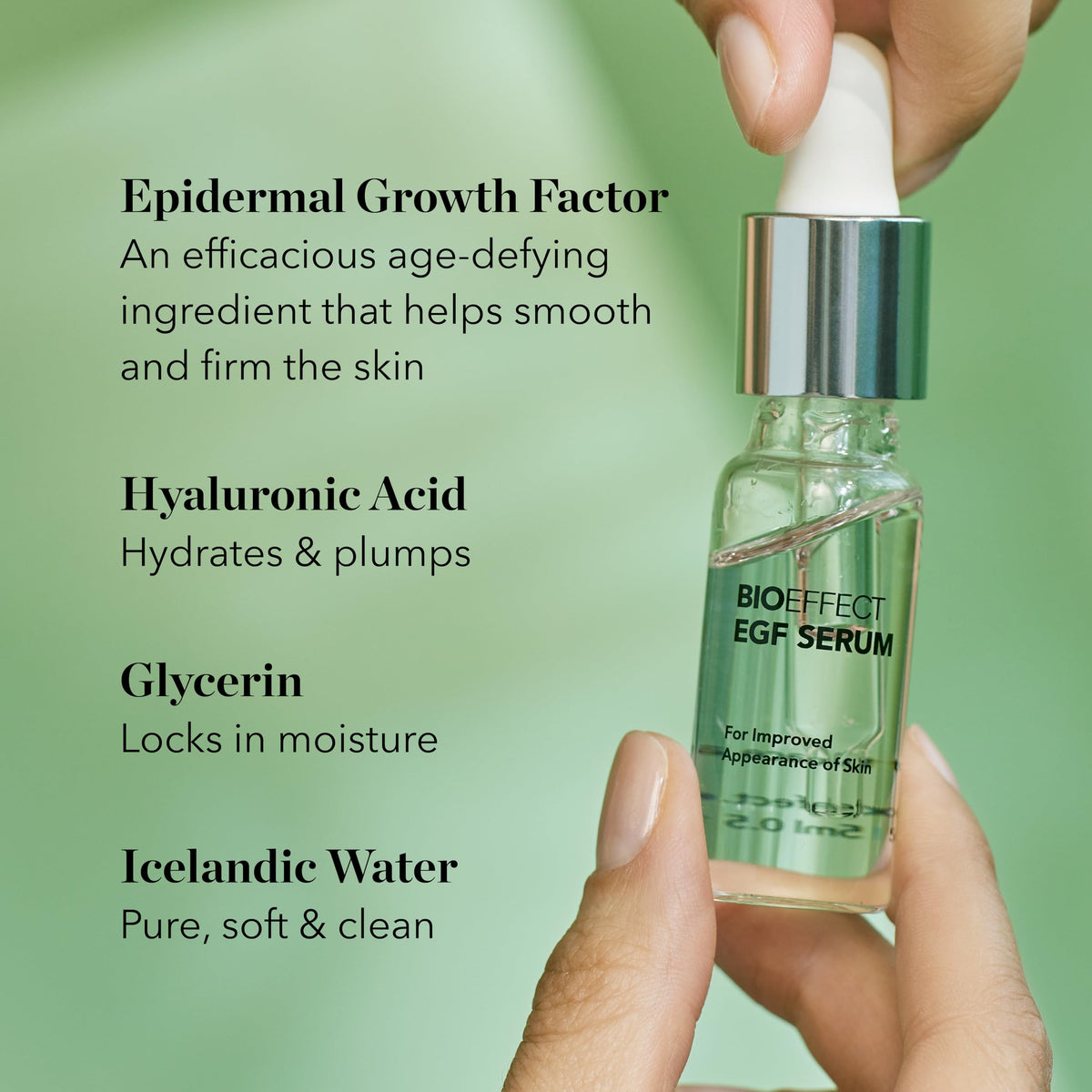 BIOEFFECT EGF Serum silky texture close-up conveys a smooth skin feel