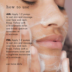 Application shot of Bioelements Cleanser suggesting quick morning routine.