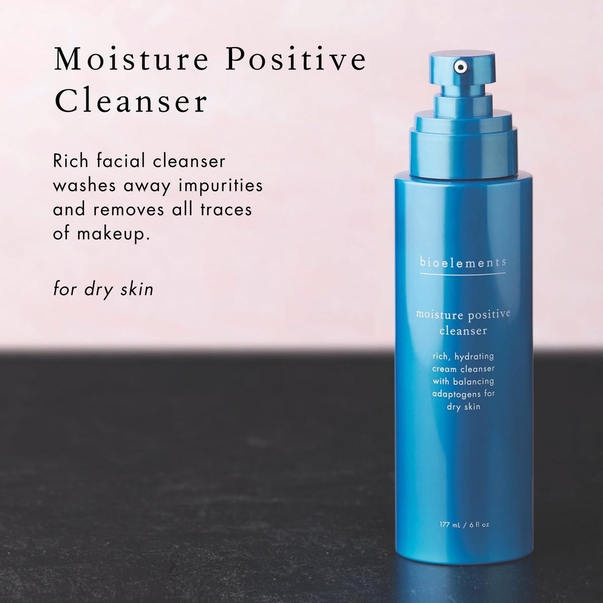 Bioelements Moisture Positive Cleanser label closeup highlighting herbal formula