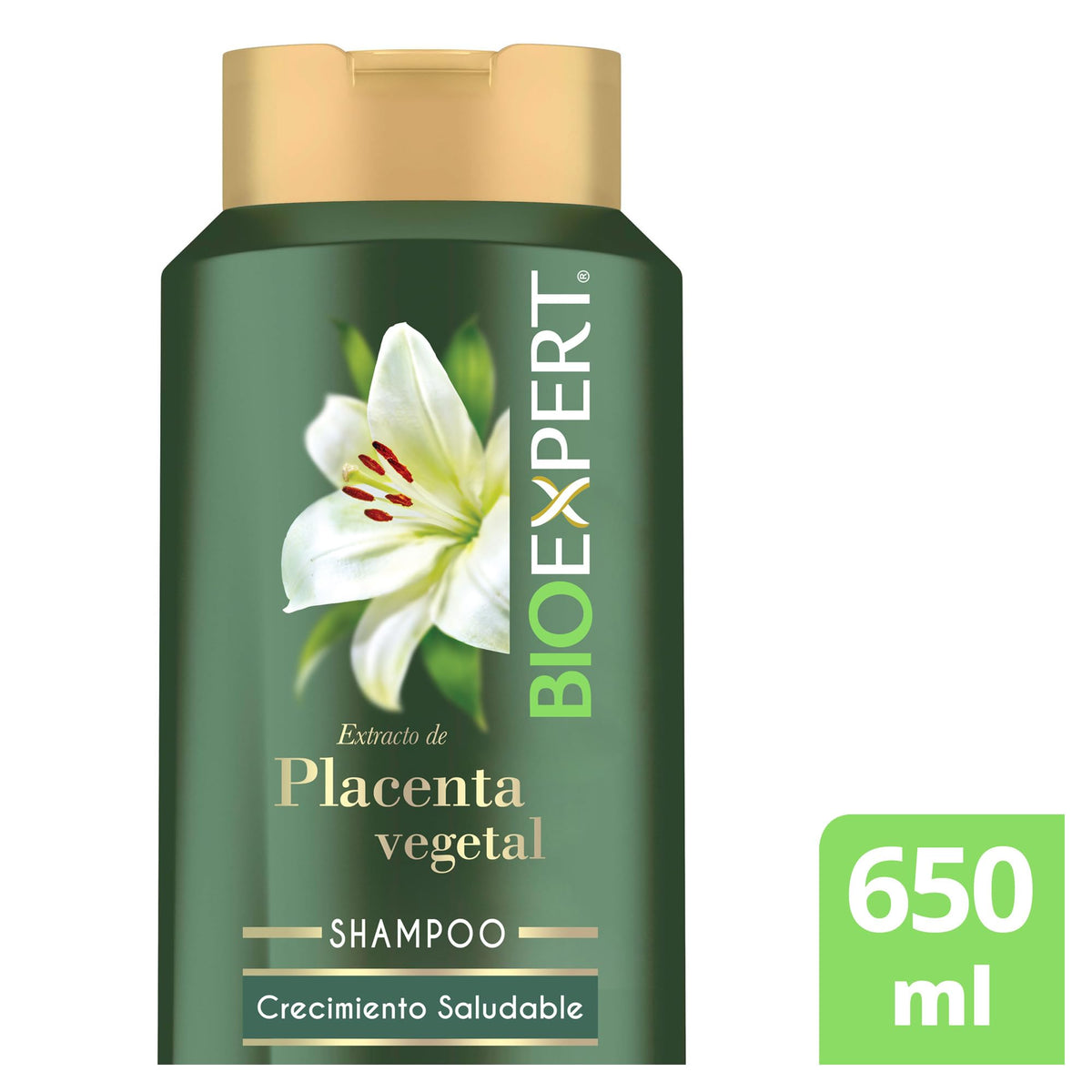 Close-up of Bioexpert Shampoo label featuring plant placenta extract for premium hair care.