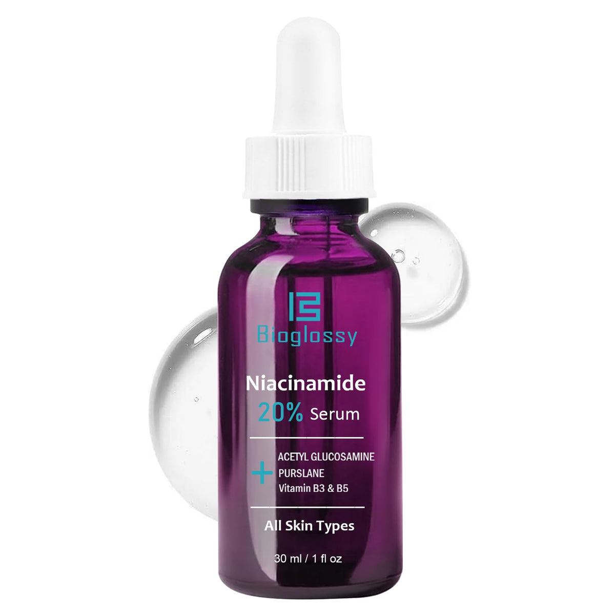 Bioglossy 20% Niacinamide Serum bottle with pump for precise daily application and brightening