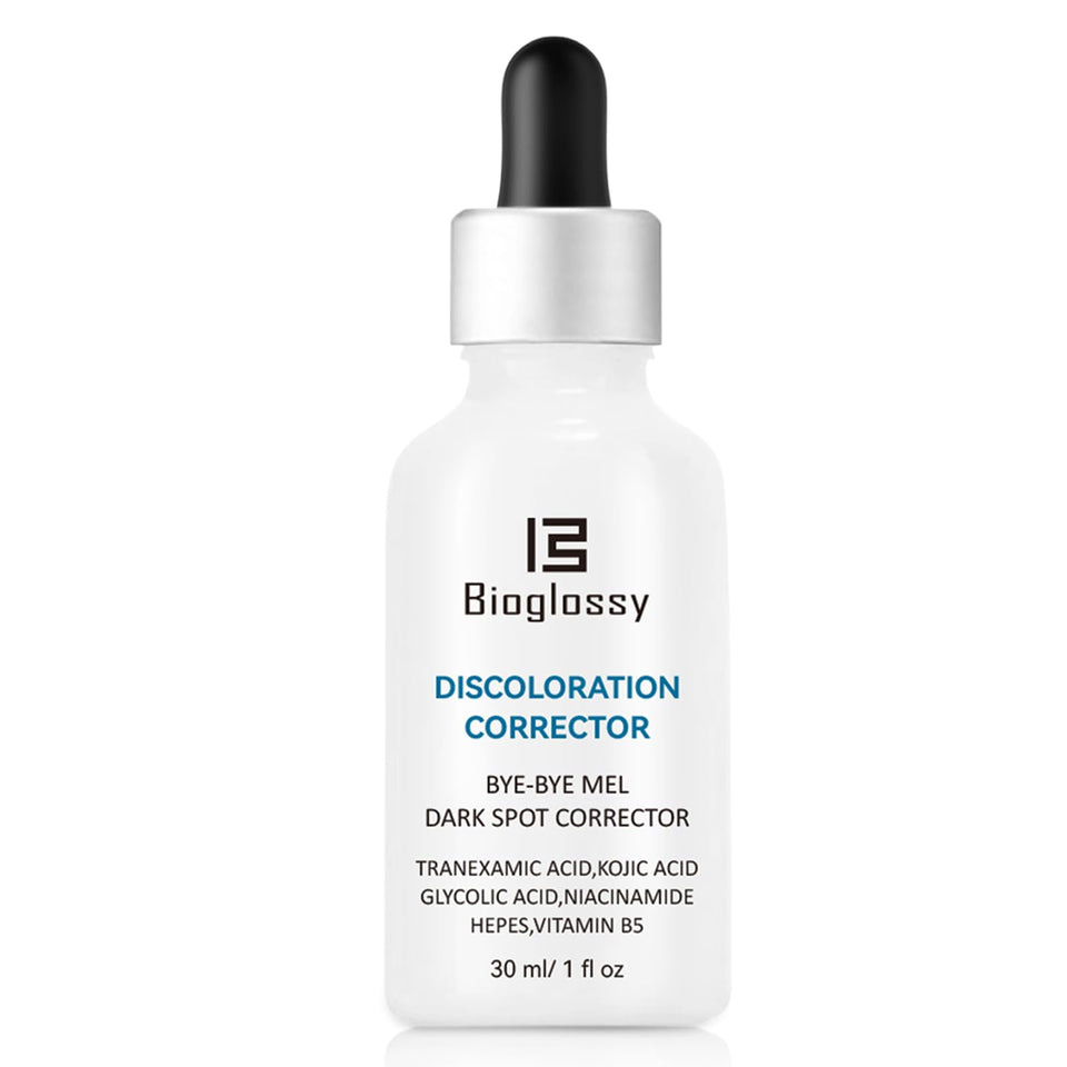 Bioglossy Discoloration Serum bottle front view for daily skin tone care
