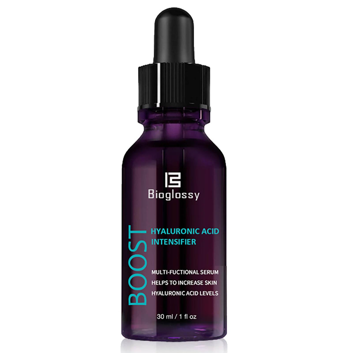 Bioglossy Hyaluronic Acid Intensifier bottle for daily hydration on clean skin.