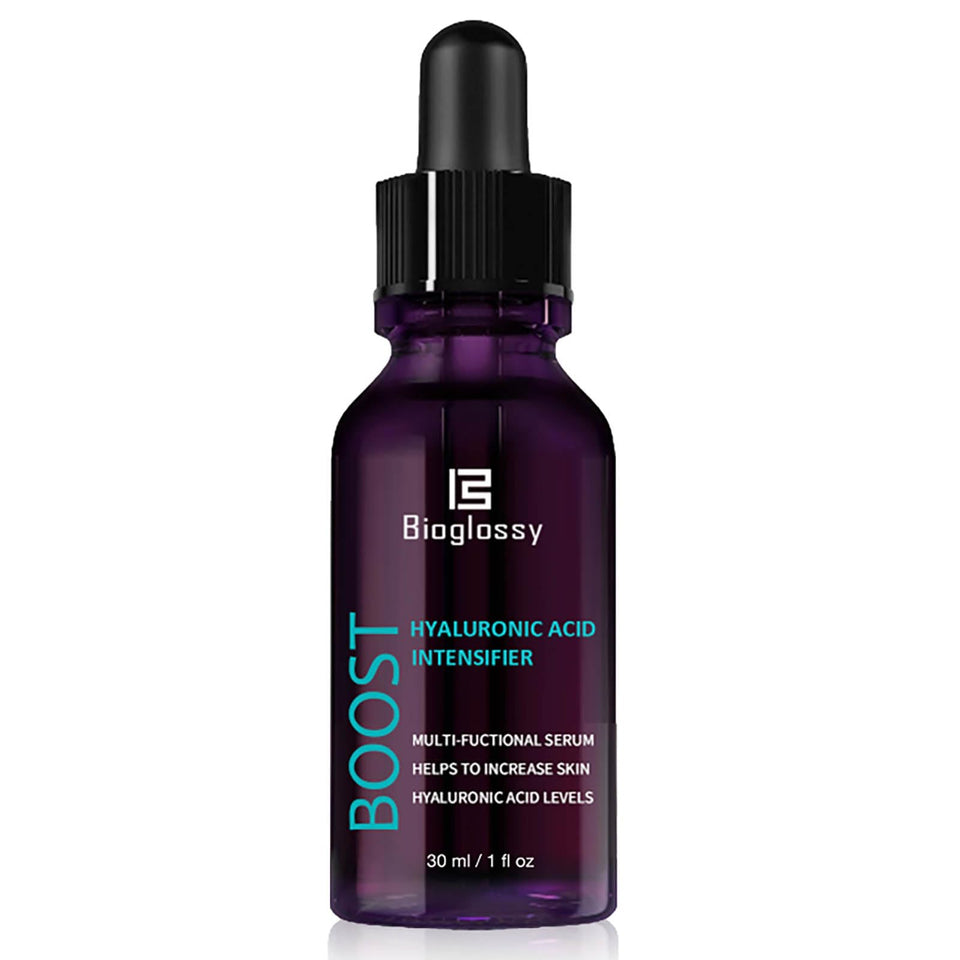 Bioglossy Hyaluronic Acid Intensifier bottle for daily hydration on clean skin.