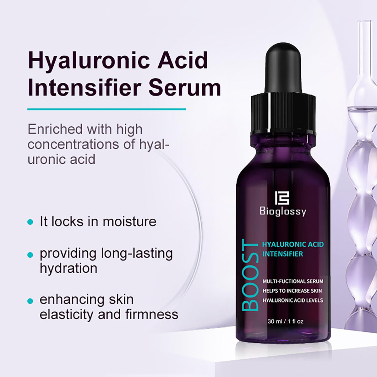Bioglossy Hyaluronic Acid Intensifier serum drop delivering precise hydration.