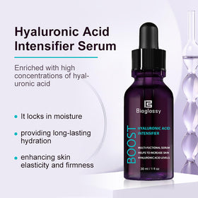 Bioglossy Hyaluronic Acid Intensifier serum drop delivering precise hydration.