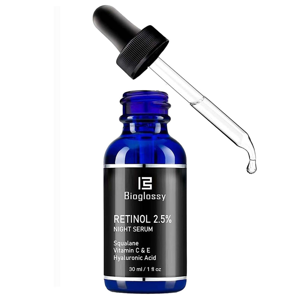 Bioglossy Retinol Serum bottle close-up highlighting premium packaging and night renewal.