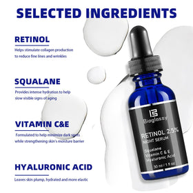 Bioglossy Retinol Serum night application on the face for smoothing lines.