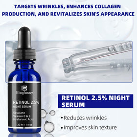 Bioglossy Retinol Serum bottle pour illustrates controlled nightly application.