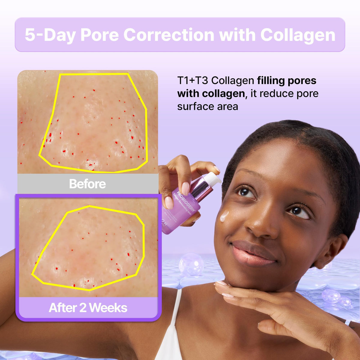 BIOHEAL BOH Probioderm serum ingredients illustration highlighting collagen peptides.