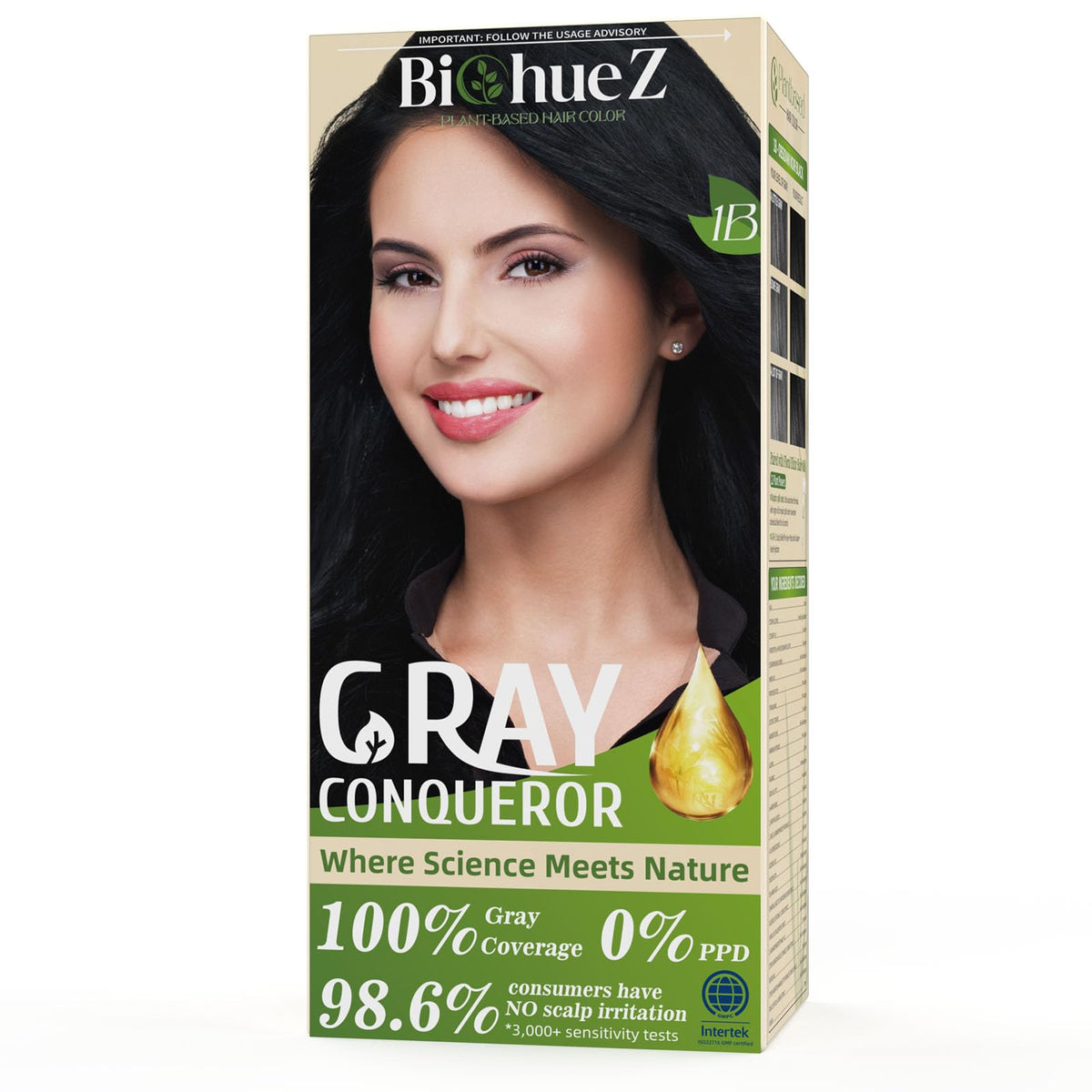 BioHueZ permanent color cream delivers rich black shade with long, even gray coverage.