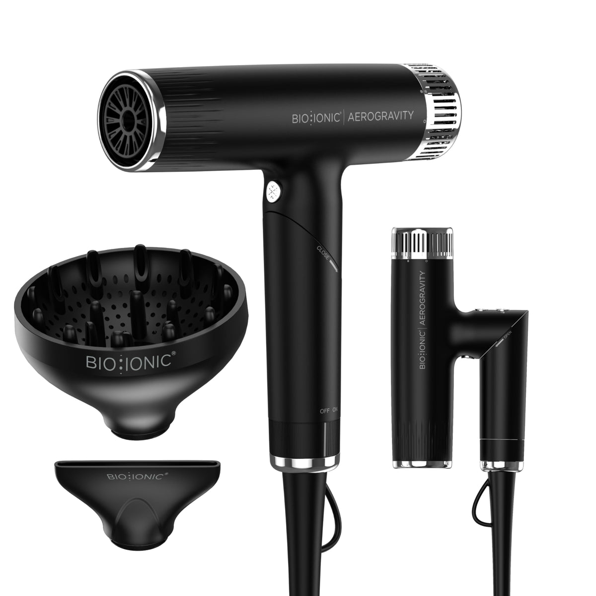 Bio Ionic AeroGravity dryer front view with foldable handle for travel styling