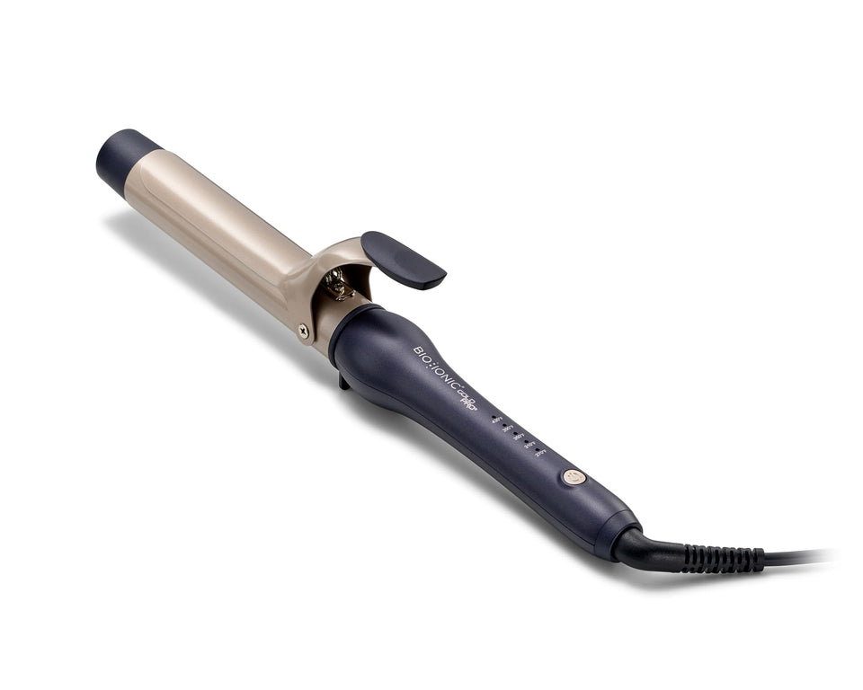 Bio Ionic GoldPro 1-25 inch curling iron blue close-up for smooth, lasting curls.