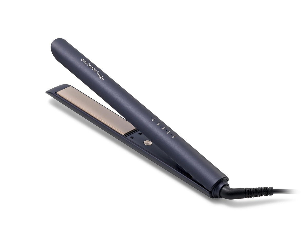 Bio Ionic GoldPro 1-inch straightener in blue, front view showing sleek body and plates.