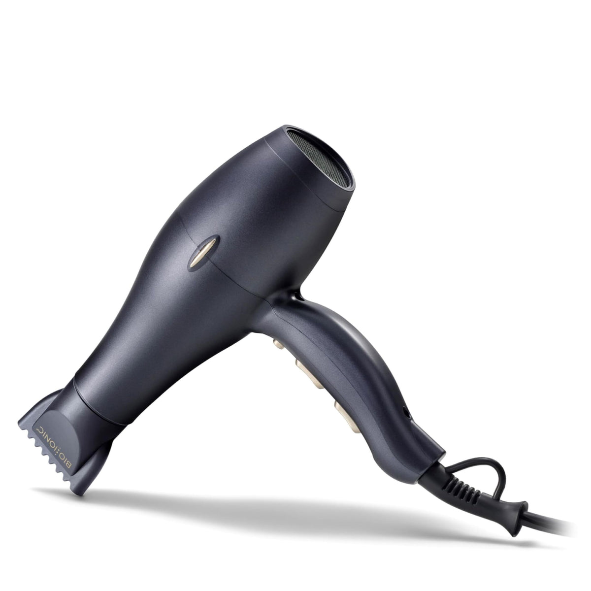 BIO IONIC GoldPro hair dryer blue front view highlighting ergonomic design for easy styling.