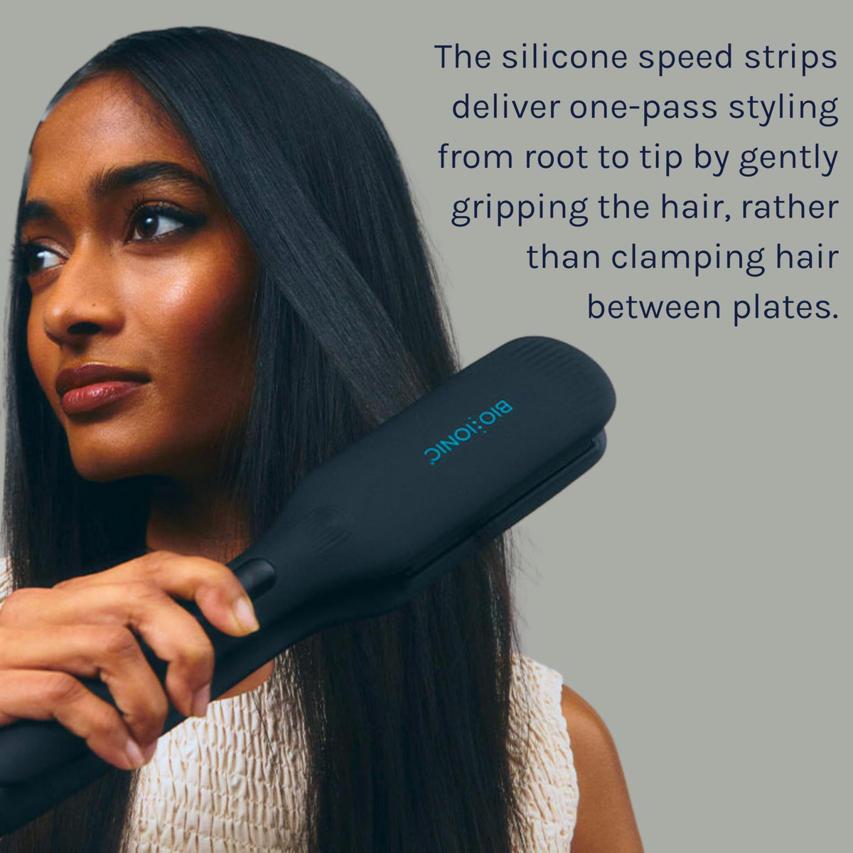Bio Ionic OnePass moisturizing heat plates hydrate hair while smoothing for a polished look.