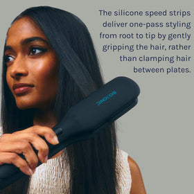 Bio Ionic OnePass moisturizing heat plates hydrate hair while smoothing for a polished look.