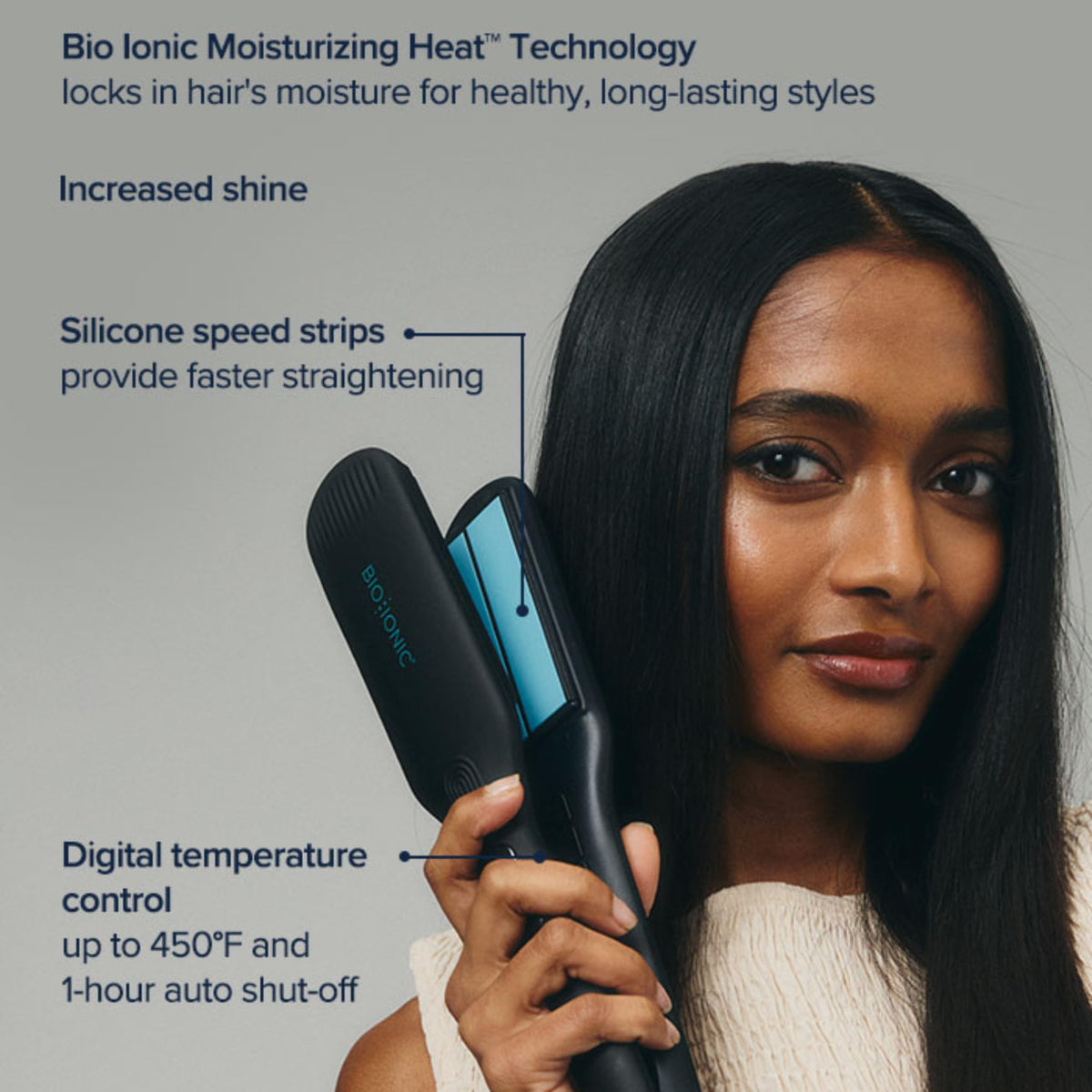 Bio Ionic OnePass silicone speed strips grip hair gently for smoother passes.