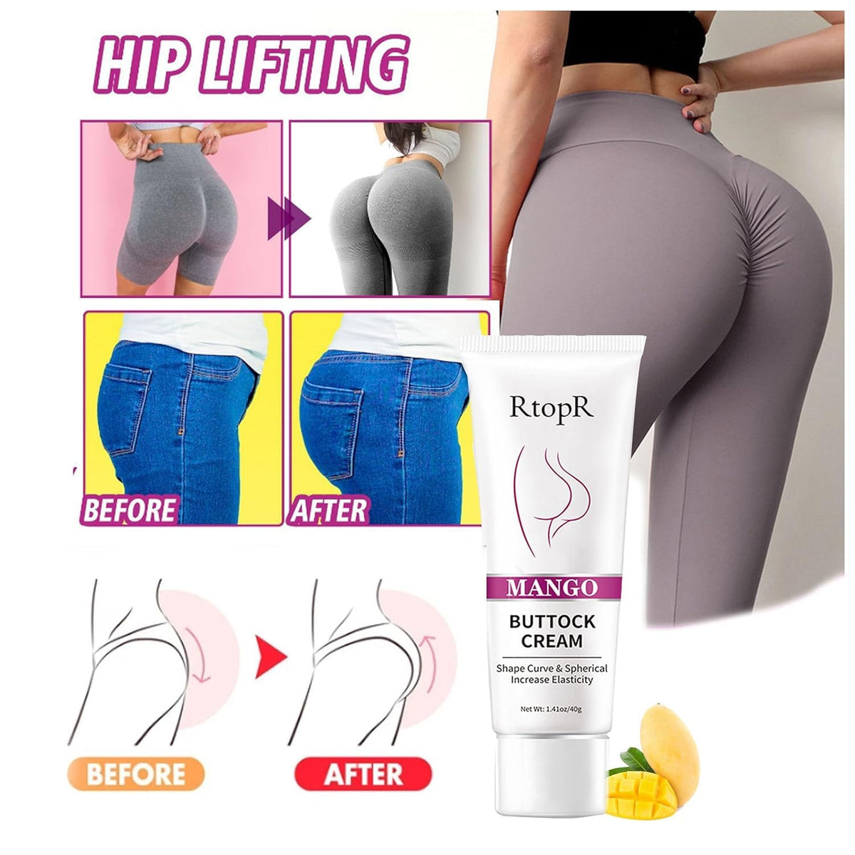 BIOKUSY Buttock Cream application demonstrating targeted firming on skin