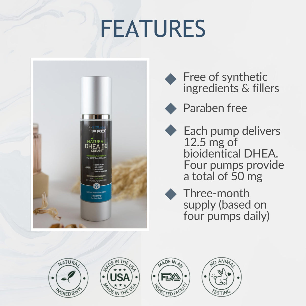 BIOLABS PRO DHEA Cream features aloe, shea, and oils for gentle hydration.