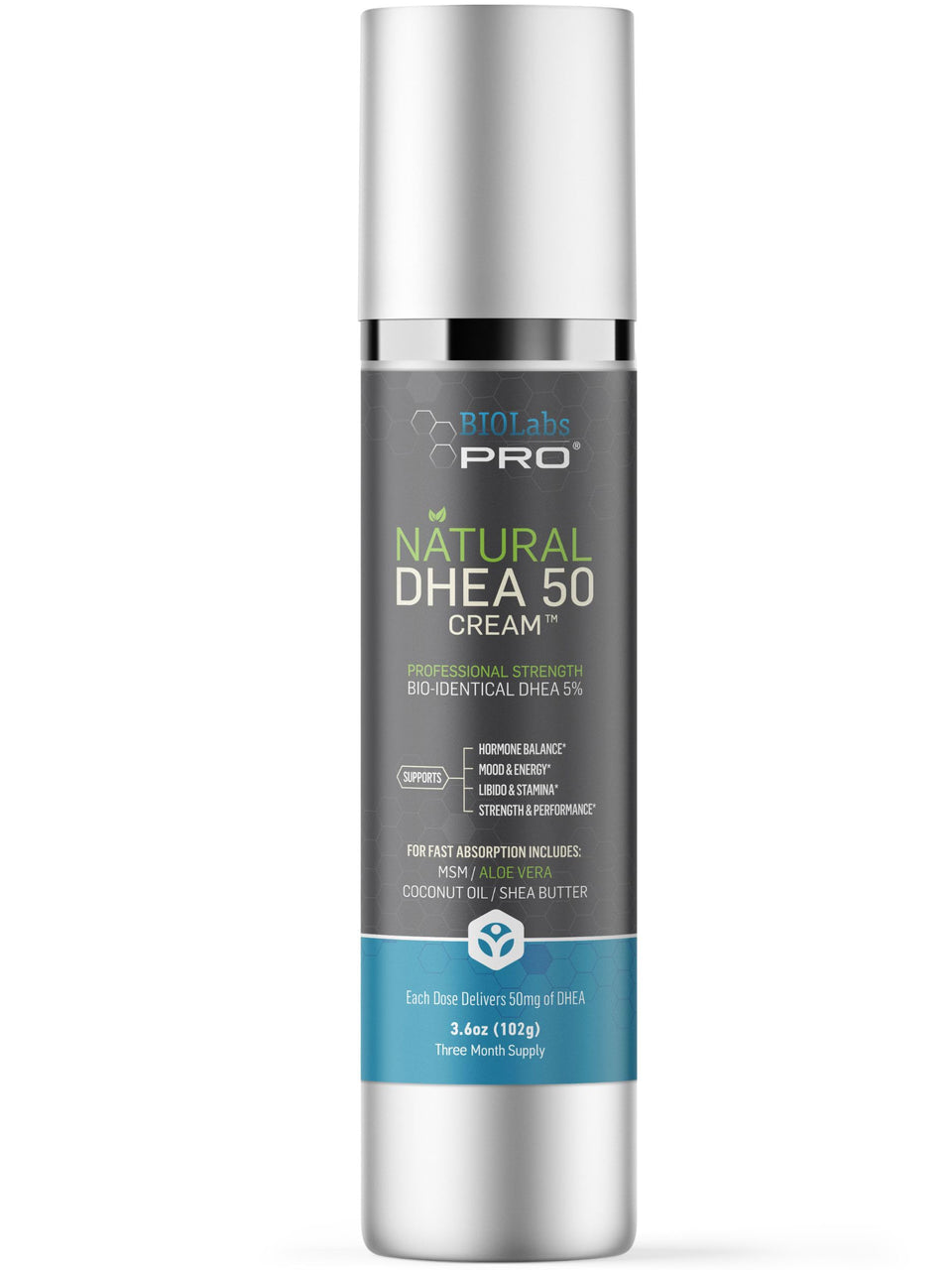 BIOLABS PRO DHEA Cream bottle cap highlighting premium packaging for daily use.