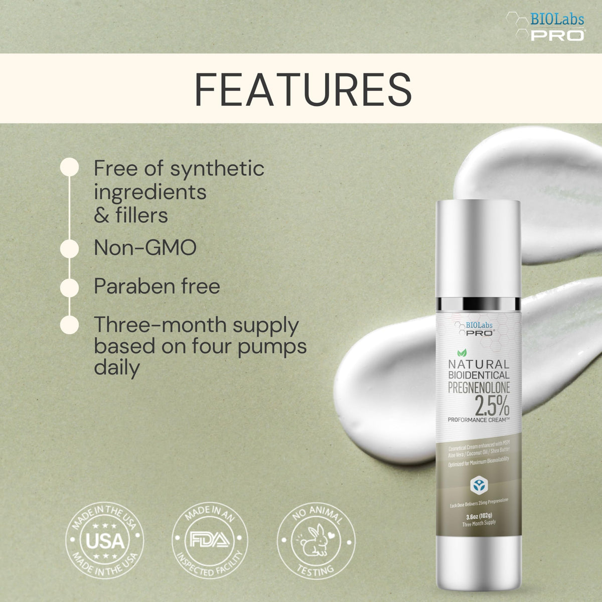 BIOLABS PRO Pregnenolone Cream silky texture on skin for nourishment