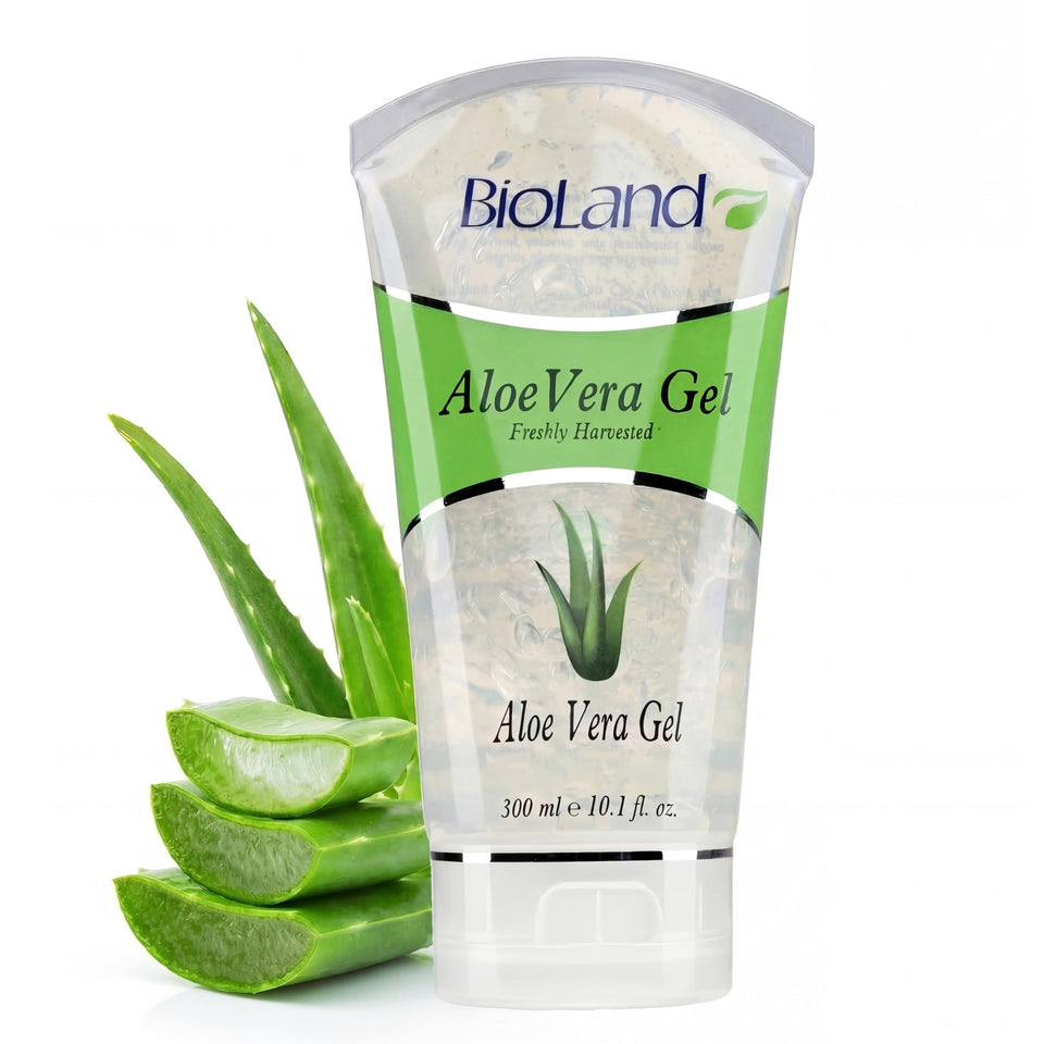 Bioland Aloe Vera Gel bottle front view promoting daily hydration for all skin types.