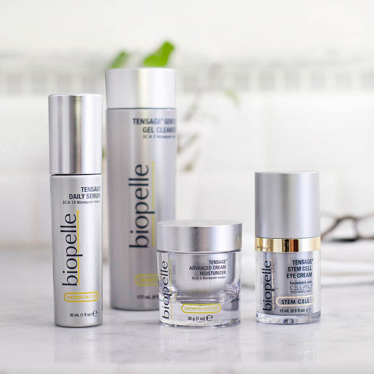 Biopelle Tensage SCA Biorepair bottle highlights advanced repair technology.