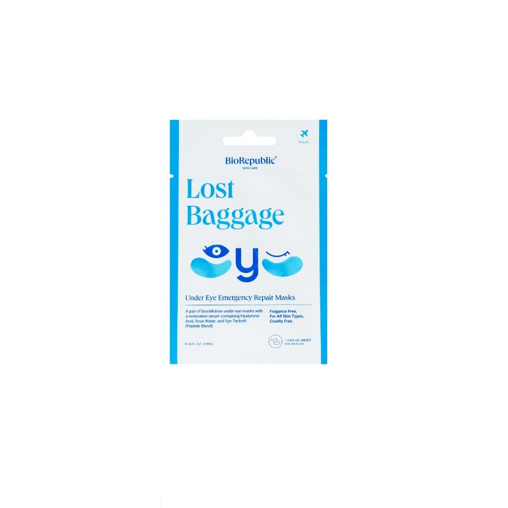 BioRepublic Lost Baggage eye patches box front showing hydration-friendly design.