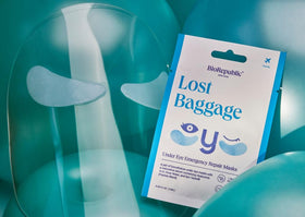 BioRepublic Lost Baggage patches pack open with two under-eye patches visible.