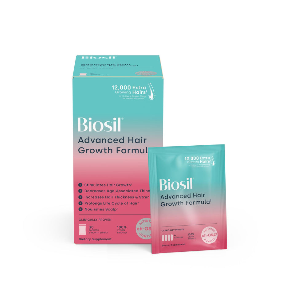 Biosil Advanced Hair Growth Vitamins bottle on a clean surface promotes hair strength.