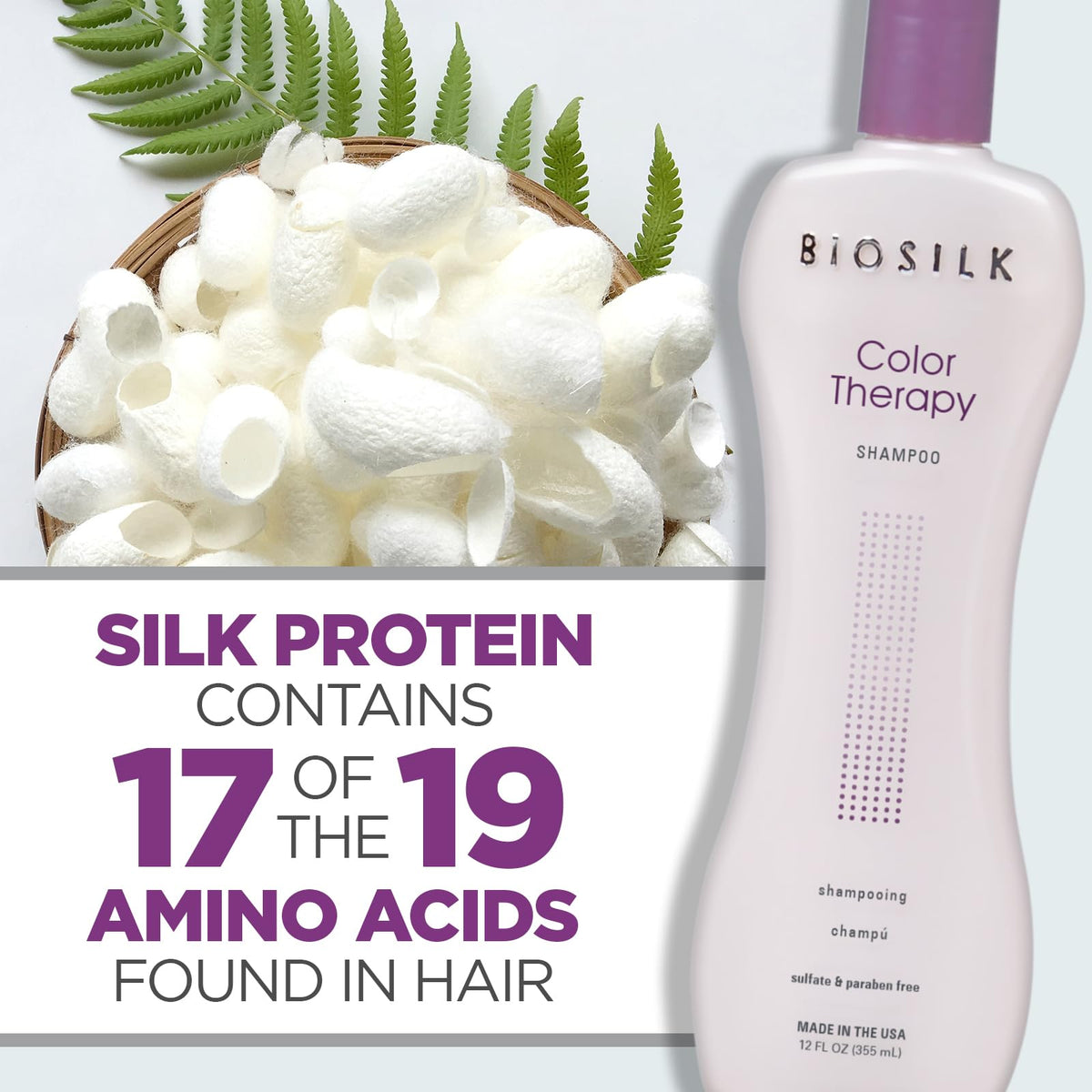 BioSilk Color Therapy Shampoo beside color-treated hair showing protection.