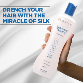 BioSilk Hydrating Therapy Conditioner label close-up highlighting premium formula.