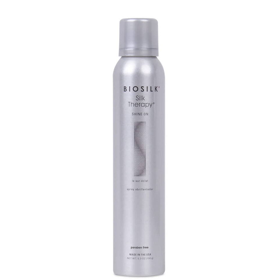 BioSilk Shine On Spray bottle showing silky shine and light finish