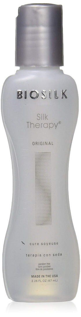 BioSilk Silk Therapy bottle pouring, replenishing leave-in treatment for strengthened hair.