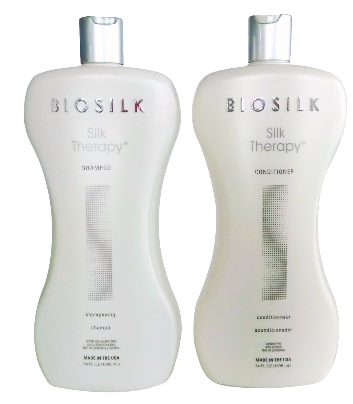 BioSilk Silk Therapy Duo Set shampoo and conditioner bottle pour for silky, manageable hair.
