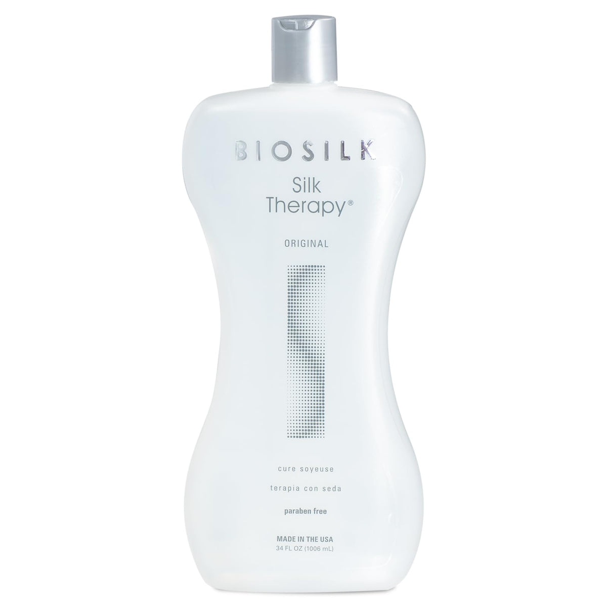BioSilk Silk Therapy Original bottle close-up showing a lightweight leave-in formula for all hair types.