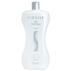 BioSilk Silk Therapy Original bottle close-up showing a lightweight leave-in formula for all hair types.